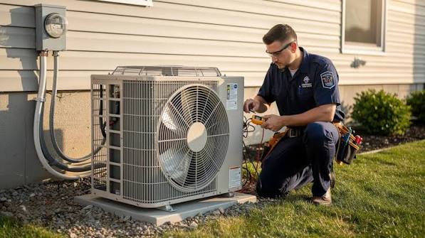 Residential HVAC technician inspecting an outdoor air conditioning system beside a home
